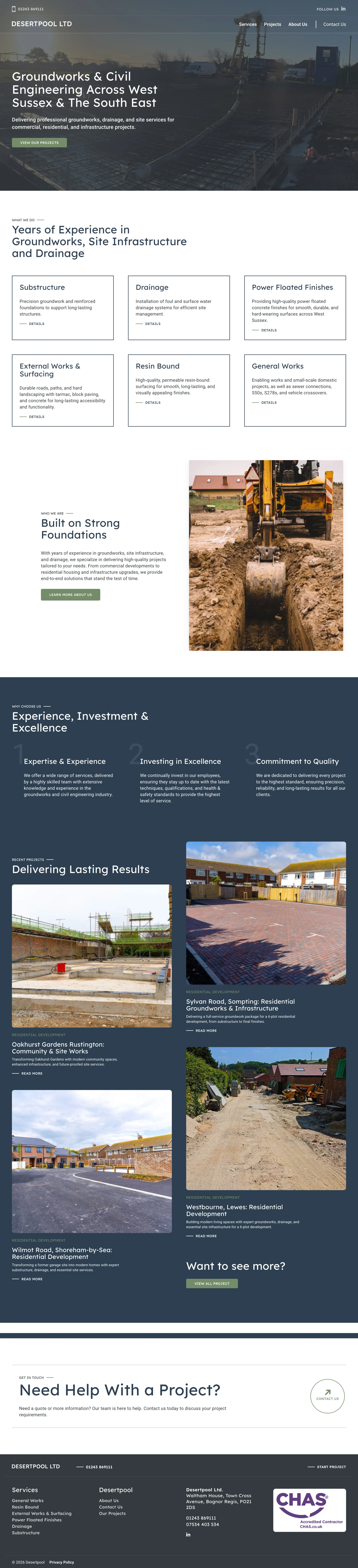 Full-length Desert Pool website design shown as a single scrolling page