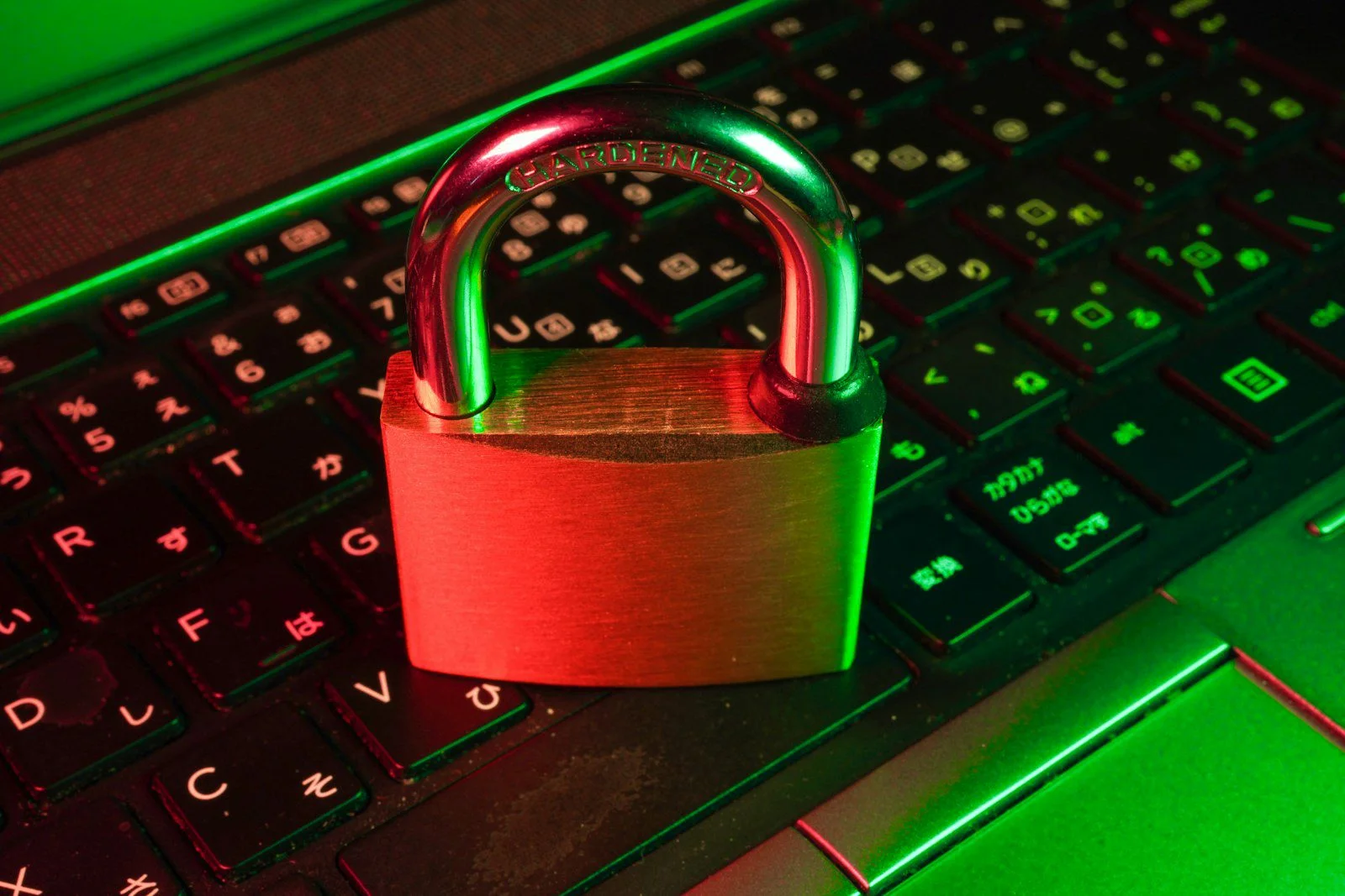 Red padlock on a keyboard representing WordPress security for small businesses