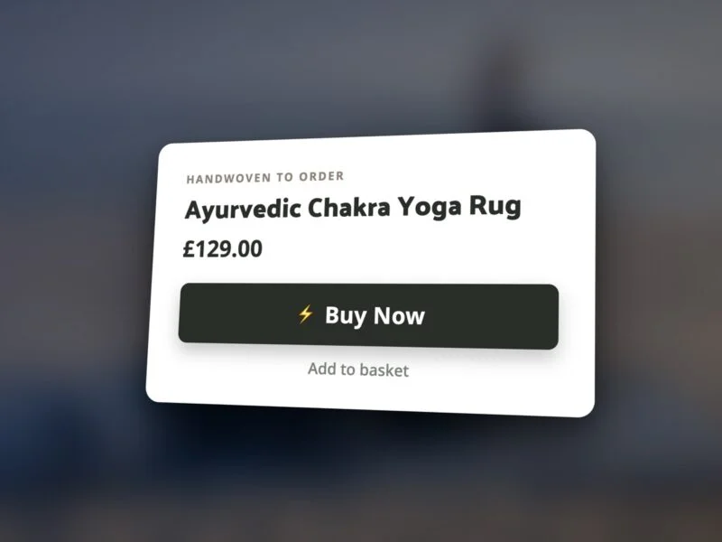 A product page purchase module with a prominent Buy Now button, tilted on a card over a blurred background