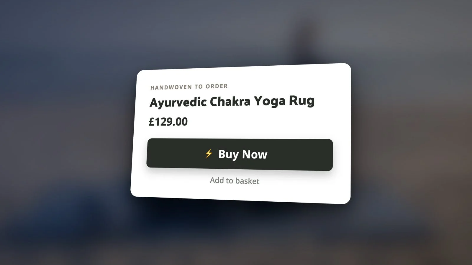 A product page purchase module with a prominent Buy Now button, tilted on a card over a blurred background