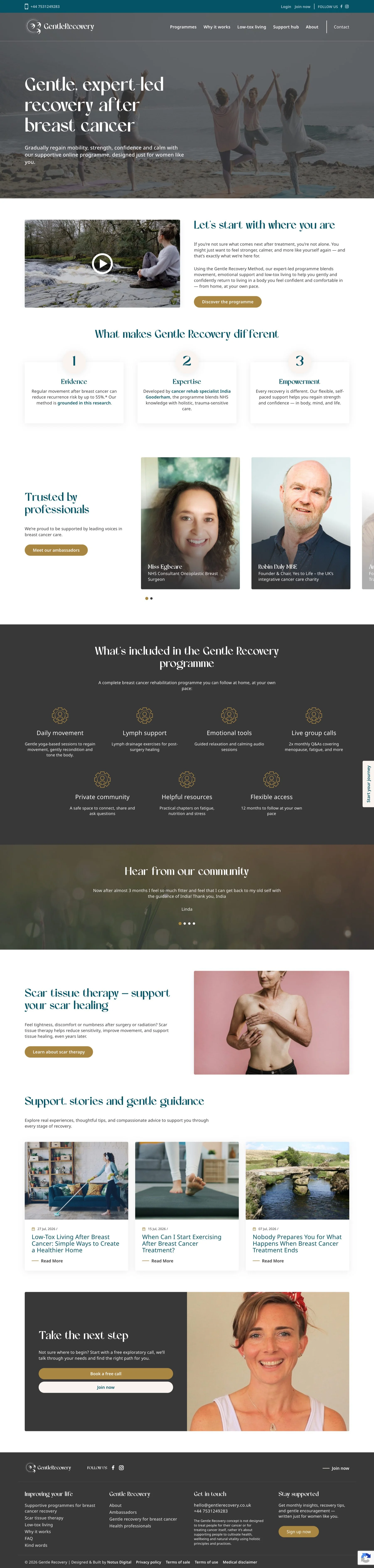 Homepage of the Gentle Recovery website designed and built by Notus Digital