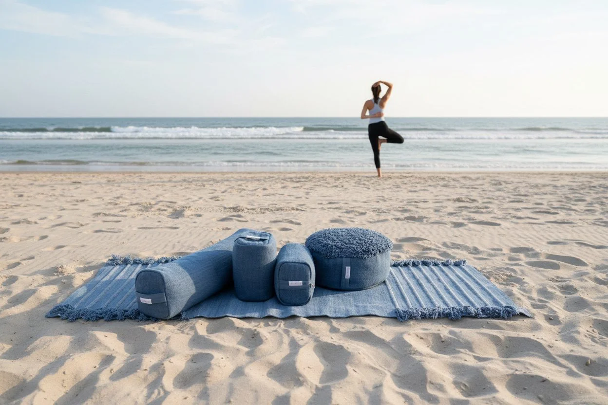 Indigo Ayurvastra yoga textiles on a beach with a yogi in tree pose