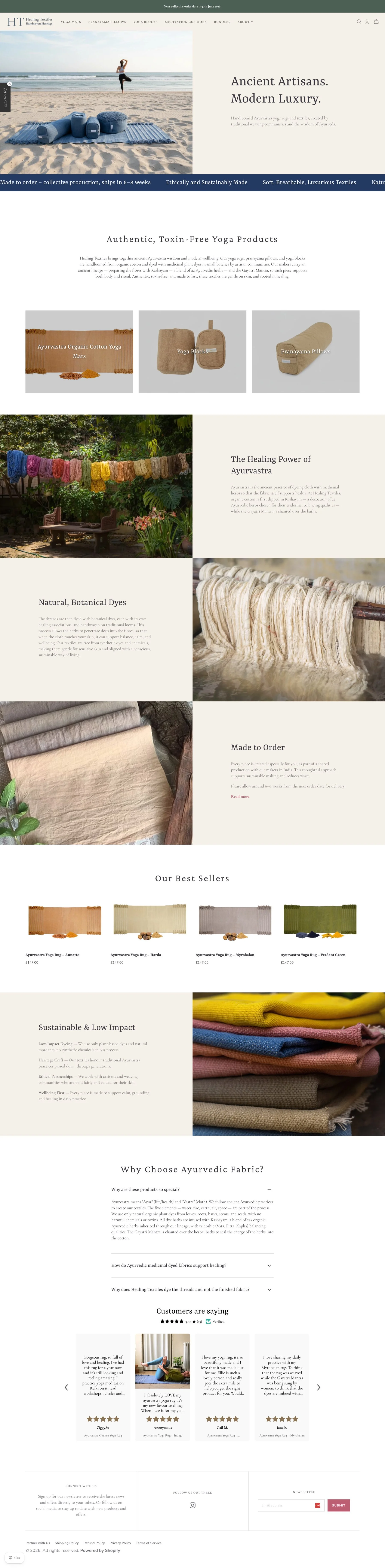 Homepage of the Healing Textiles website designed and built by Notus Digital