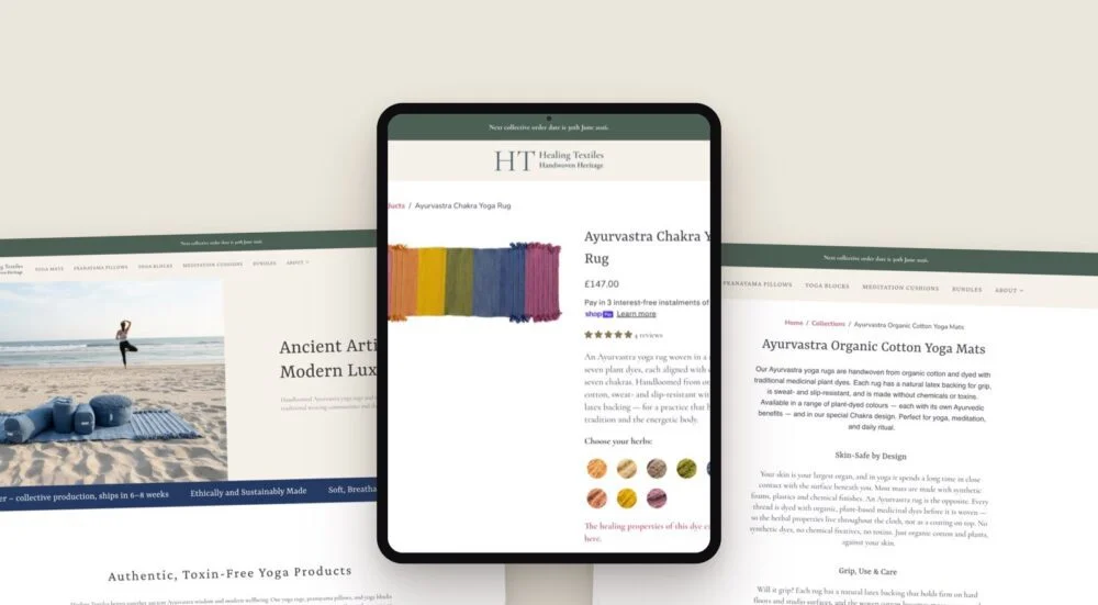 Healing Textiles shown on desktop and tablet, designed and built by Notus Digital