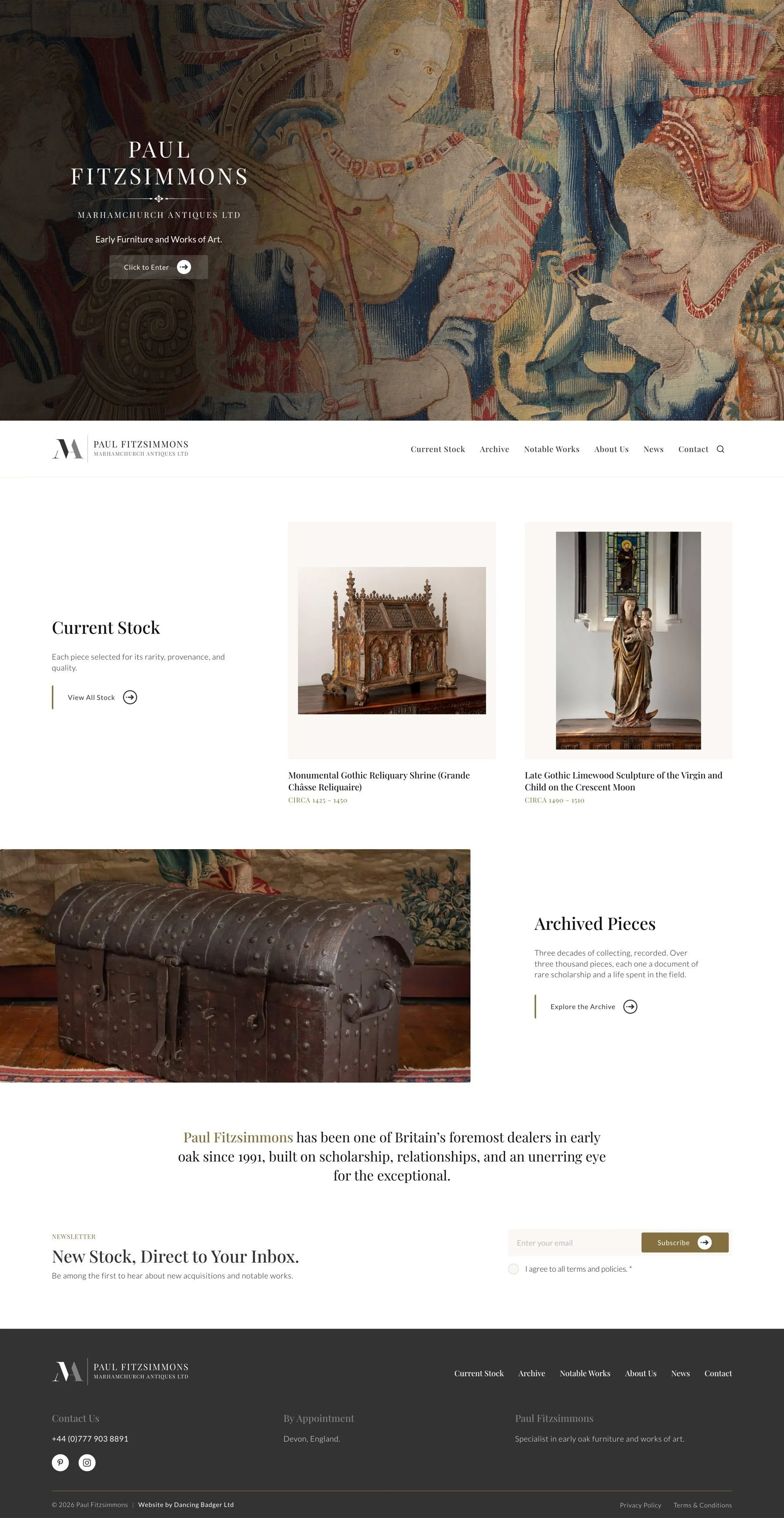 Homepage of the Marhamchurch Antiques website designed and built by Notus Digital