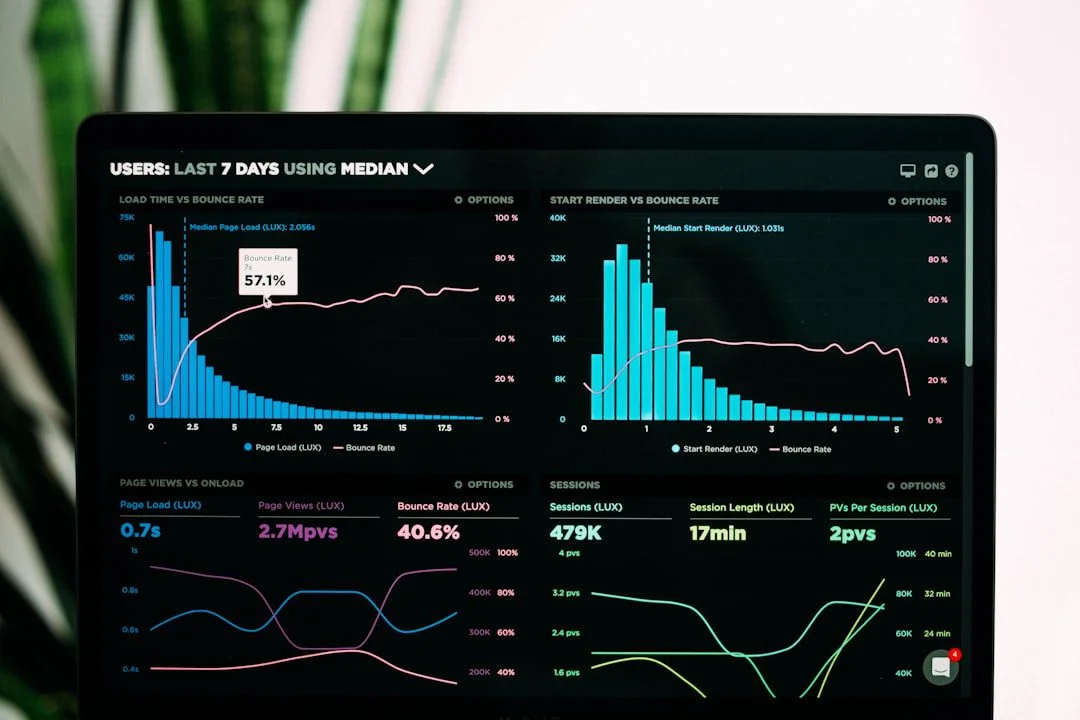 Small business owner checking website technical health metrics on a laptop dashboard
