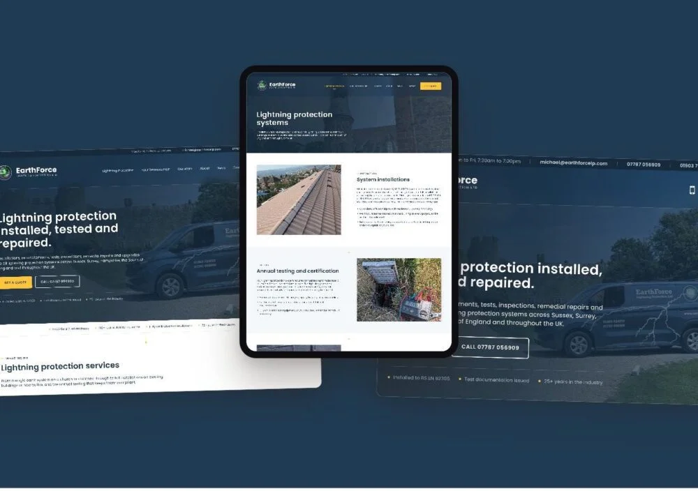 Mockup of the EarthForce Lightning Protection website on tablet and desktop