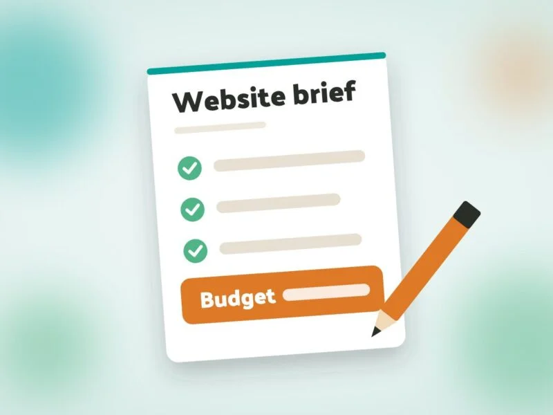 A tilted paper sheet headed "Website brief" with three ticked checklist lines, an orange "Budget" line at the bottom and an orange pencil beside it, on a soft green and teal blurred background.