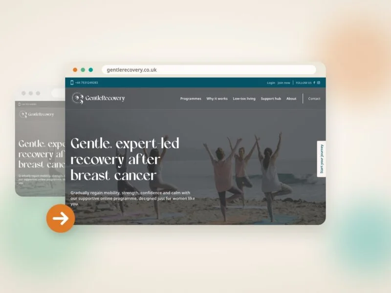 A browser window showing the Gentle Recovery homepage at gentlerecovery.co.uk, with women doing yoga tree poses on a beach under the headline "Gentle, expert-led recovery after breast cancer". A faded grey copy of the same window sits behind it on the left, with an orange arrow pointing from the old window to the new one.
