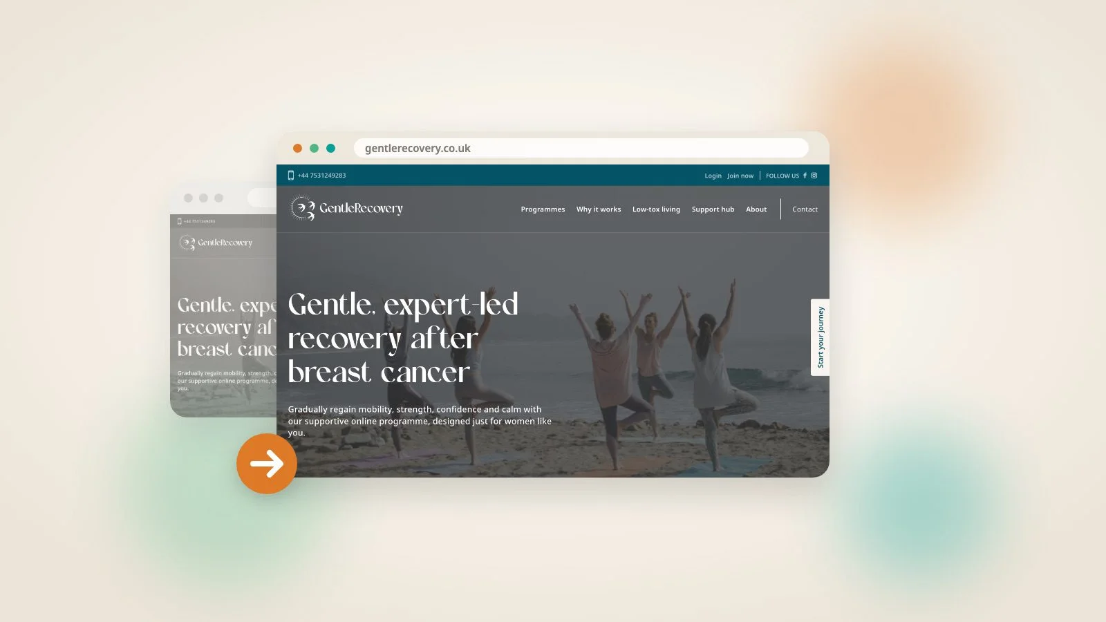 A browser window showing the Gentle Recovery homepage at gentlerecovery.co.uk, with women doing yoga tree poses on a beach under the headline "Gentle, expert-led recovery after breast cancer". A faded grey copy of the same window sits behind it on the left, with an orange arrow pointing from the old window to the new one.