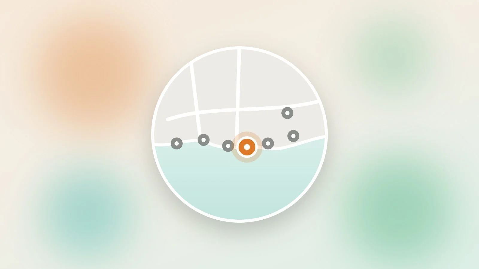 A round map of a stretch of coastline with seven location markers along the shore, one highlighted in orange.