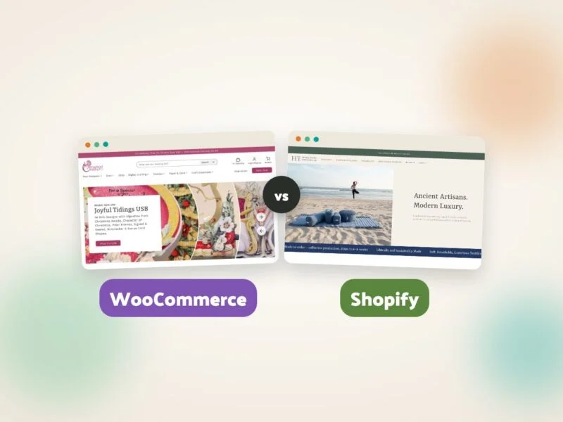 Two browser windows side by side on a soft cream background. The left window shows the Carnation Crafts website, a paper craft shop, and is labelled WooCommerce. The right window shows the Healing Textiles website, a yoga and textiles shop with a woman in a tree pose on a beach, and is labelled Shopify.