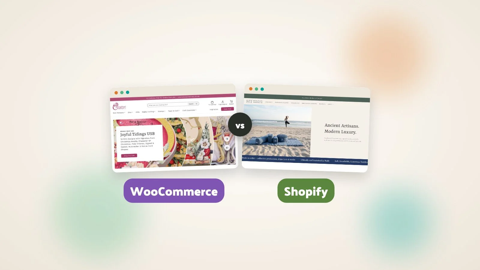 Two browser windows side by side on a soft cream background. The left window shows the Carnation Crafts website, a paper craft shop, and is labelled WooCommerce. The right window shows the Healing Textiles website, a yoga and textiles shop with a woman in a tree pose on a beach, and is labelled Shopify.